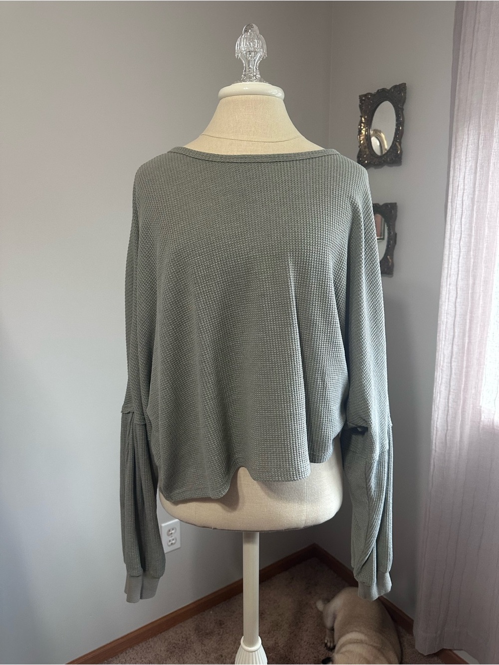 Pink Lily Sage Green Waffle Knit Long Sleeve Top